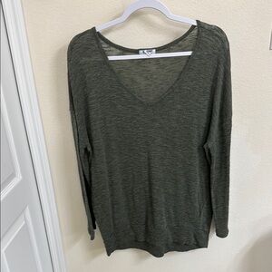 Women's Olive Green V-Neck Sheer Long Sweater